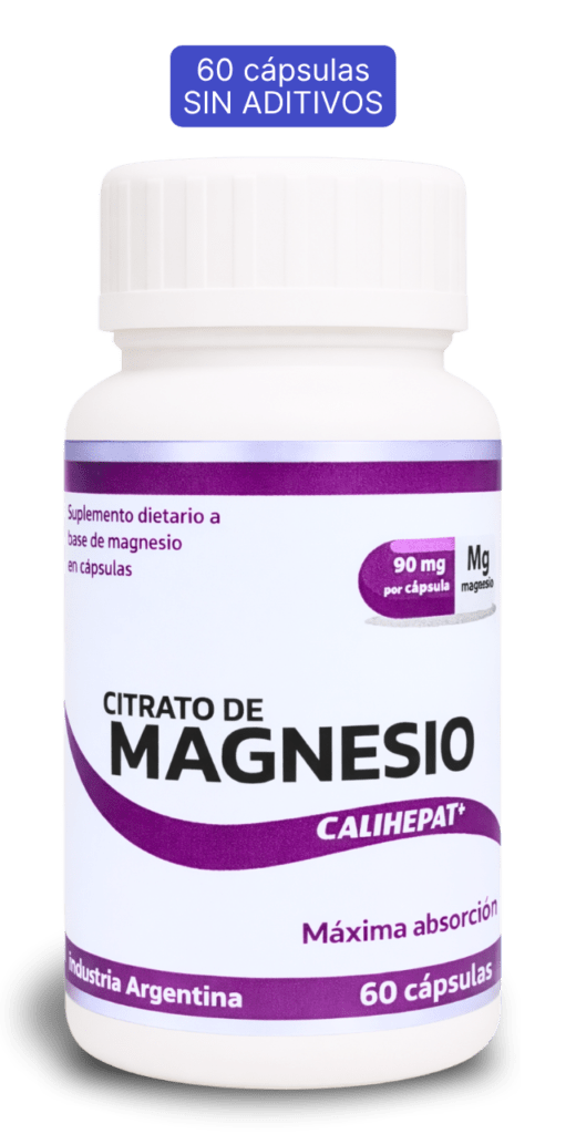 Citrato de magnesio cápsulas Calihepat Plus 60 unidades - Sin aditivos Frasco de Citrato de magnesio Calihepat Plus en cápsulas junto a un cartel con el texto "60 cápsulas, sin aditivos"