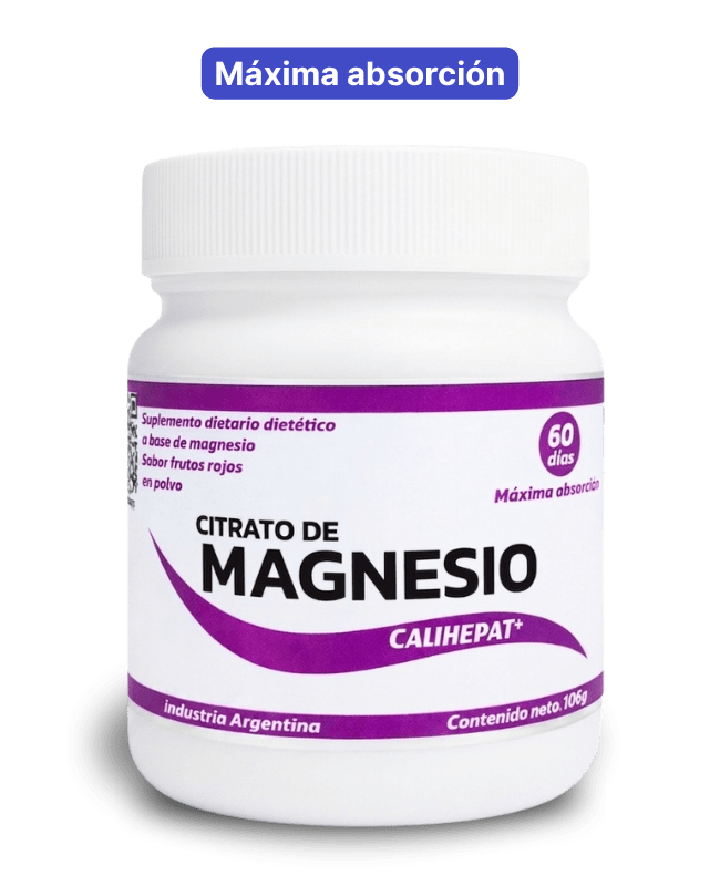 Citrato de magnesio polvo Calihepat Plus 108 g - Máxima absorción Frasco de Citrato de magnesio Calihepat Plus en polvo junto a un cartel con el texto "Máxima absorción"