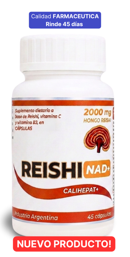 Reishi NAD+ cápsulas Calihepat Plus 45 unidades - Calidad Farmacéutica Frasco de Reishi NAD+ Calihepat Plus en cápsulas junto a un cartel con el texto "Calidad Farmacéutica, rinde 45 días"