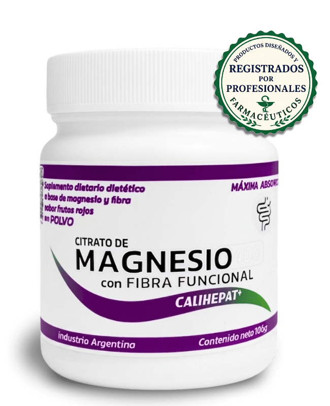 Frasco de citrato de magnesio con fibra funcional Calihepat Plus en polvo