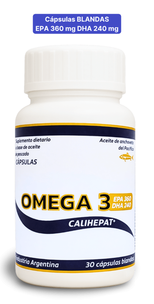 Omega 3 cápsulas blandas Calihepat Plus - EPA 360 mg DHA 240 mg Frasco de Omega 3 Calihepat Plus en cápsulas blandas junto a un cartel con el texto "Cápsulas blandas, EPA 360 mg, DHA 240 mg"