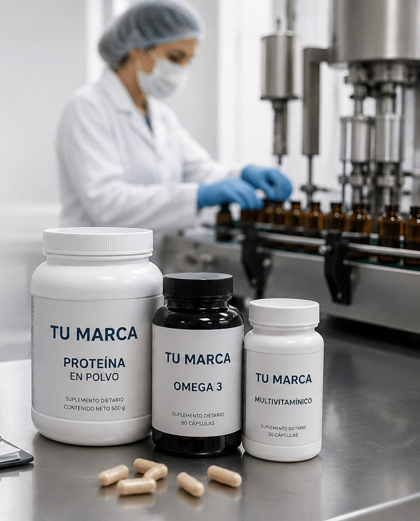 Producción de suplementos nutricionales de marca blanca en laboratorio con envasado personalizado.