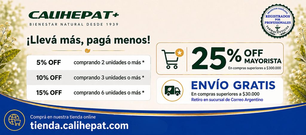 banner pagina Promociones Calihepat: descuentos por cantidad, 25% de descuento mayorista y envío gratis a sucursal de Correo Argentino.